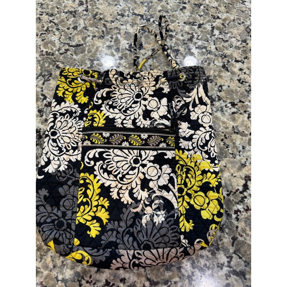 Vera Bradley Provencal Quilted Drawstring Backpack Yellow‎ Black Floral Damask